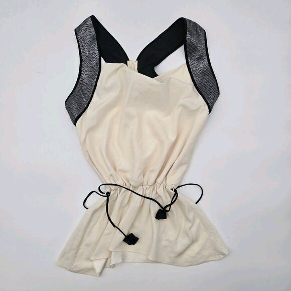 Lia Keys Top Womens Medium Black Cream Tank Silk Sequin New York Cowl Blouse - Picture 1 of 11